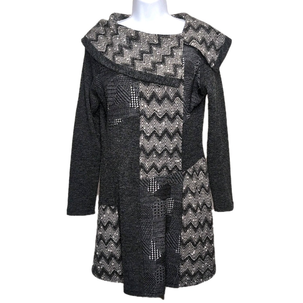 High Secret Sweater Dress Size S-M Gray Pieced Knit Big Collar Sequins Artsy